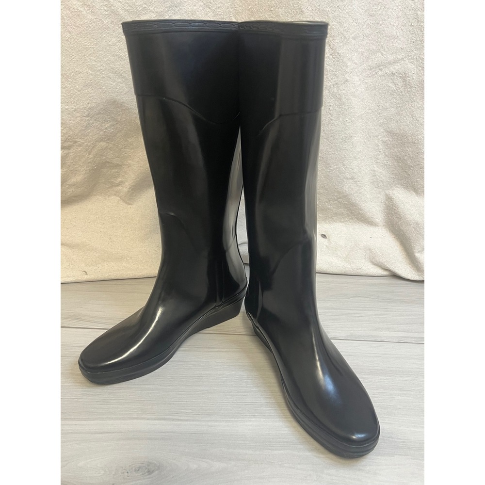 Hunter Rain Boots Wedge Tall Glossy Black Waterproof Sz 7 Gorpcore Outdoor Chic